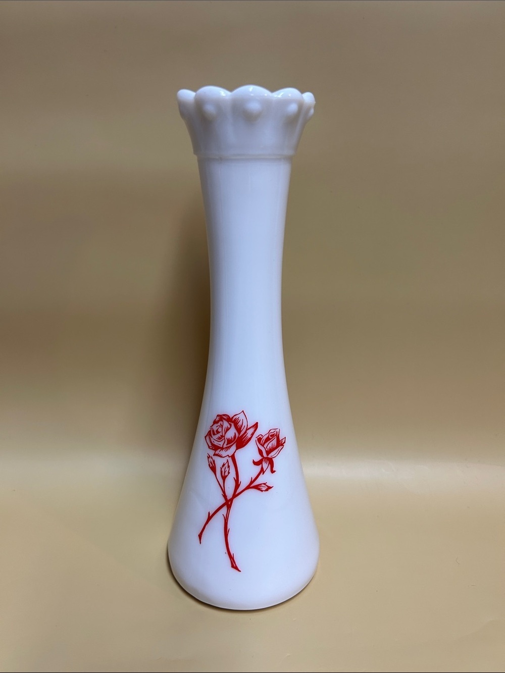 Vintage Milk Glass Bud Vase with Red Roses 9"